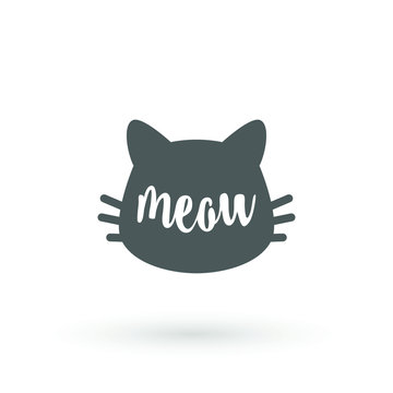 Cat graphic. Meow handwriting lettering. Typography slogan Kittty face on white background with hand written text meow. Cat head silhouette