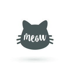 Cat graphic. Meow handwriting lettering. Typography slogan Kittty face on white background with hand written text meow. Cat head silhouette