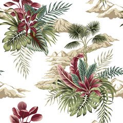 Obraz premium Tropical vintage botanical island, palm tree, mountain, palm leaves, summer floral seamless pattern white background.Exotic jungle wallpaper.