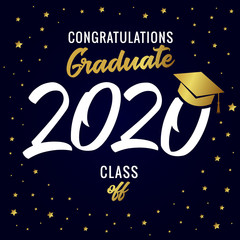 Class of 2020 year graduation banner, awards concept. T-shirt idea, happy holiday invitation card bright emblem. Isolated numbers, abstract graphic design template. Golden text, square dark background