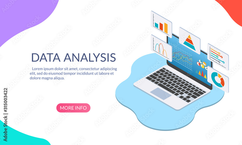 Poster business strategy and data analysis concept. laptop or computer with graphs, chart and diagram. isom