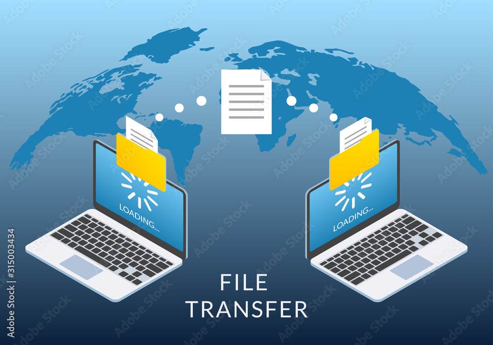 Fototapete file transfer concept. two laptop computers with folders send and upload documents. file copy, data 