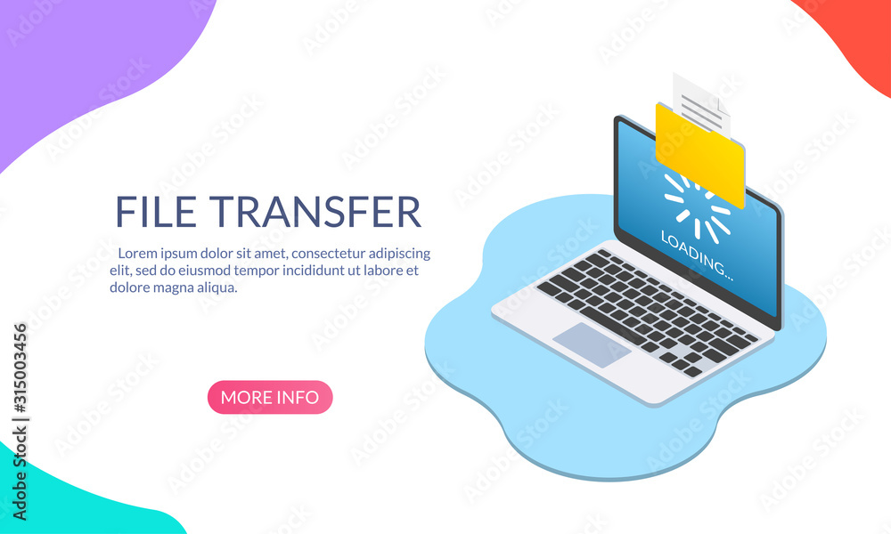 Poster file transfer concept. two laptop computers with folders send and upload documents. file copy, data 