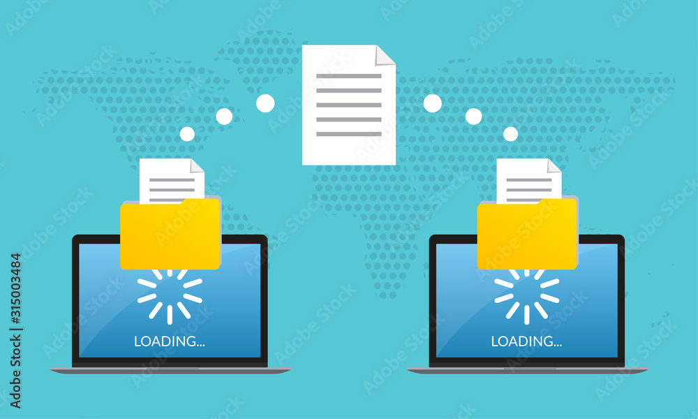 Fototapete file transfer concept. two laptop computers with folders send and upload documents. file copy, data 