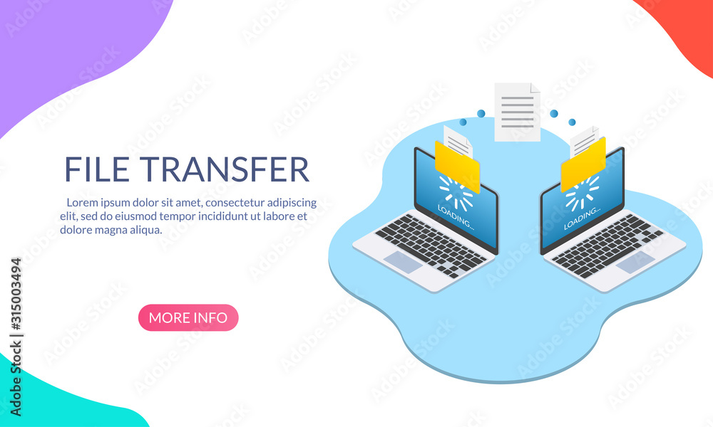 Fototapete file transfer concept. two laptop computers with folders send and upload documents. file copy, data 