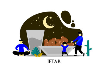 Iftar party concept. Moslem family dinner on Ramadan or celebrating Eid with people character. web landing page template, banner, presentation, social or print media