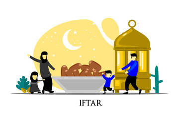 Iftar party concept. Moslem family dinner on Ramadan or celebrating Eid with people character. web landing page template, banner, presentation, social or print media