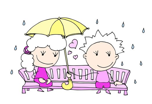 Valentine's Day. Cute hand drawn Boy and Girl isolated sitting on a bench under an umbrella. Vector illustration.
