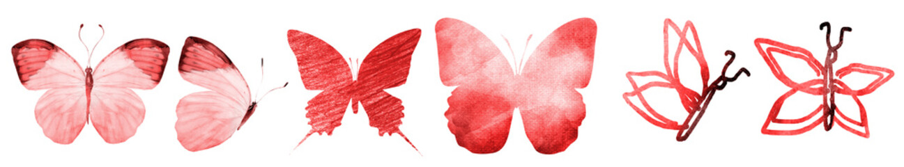 SIx watercolor butterflies, isolated on white background