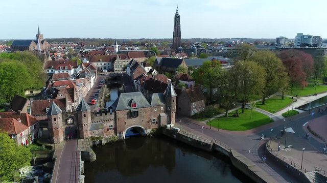 Aerial bird view footage of The Koppelpoort is a medieval gate in the Dutch city of Amersfoort province of Utrecht the construction was built between 1380 and 1425 as part of the second town wall 4k