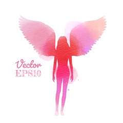 Girl angel with wings silhouette plus abstract watercolor painted.Vector EPS10