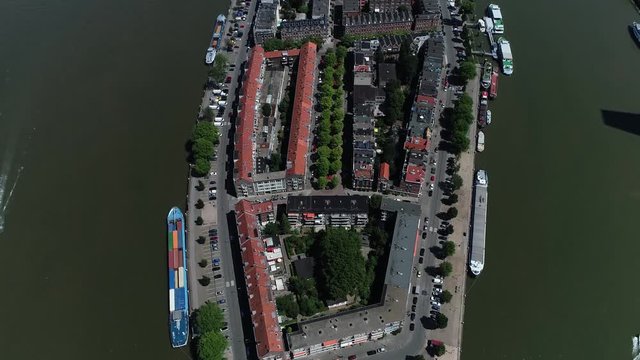 Aerial view of Noordereiland in Rotterdam the Dutch second largest city after the capital Amsterdam and is located in the province of South Holland at the mouth of the Nieuwe Maas 4k high resolution