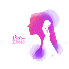 Double exposure of woman covering her face and eyes with her hands silhouette plus abstract watercolor painted. Depression concept. Vector illustration