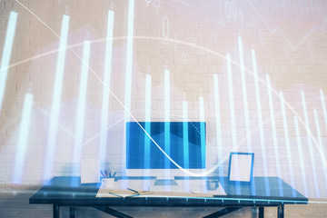 Stock market graph on background with desk and personal computer. Double exposure. Concept of financial analysis.