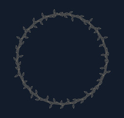 Vector circle frame overgrown with plant with thorns and leaves. Dark background