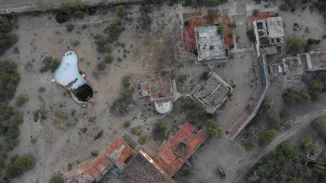 Aerial top view of Los murales del Tepeyac, a city in ruins, Mexico