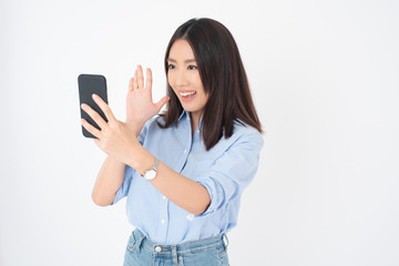 Naklejka premium Attractive Asian woman portrait on white background