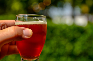 Craft Beer Tasting: Close up shot of a Caucasian man's hand holding a glass with a nice amber beer. Blurred indistinguishable background.