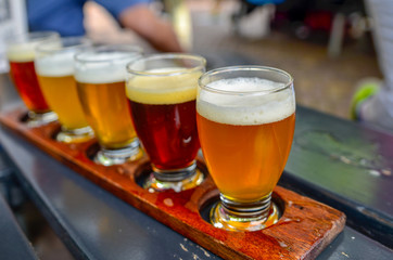 Craft beer tasting: five glasses with beers of different colors and flavors. A wooden cup holder holds the glasses in a row.