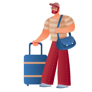 man in a cap with a suitcase on wheels and a bag through about to go on a trip, isolated object on a white background