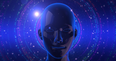 Human Head Rotating In Digital Space. Technology And Artificial Intelligence. Technology Related Abstract Concept