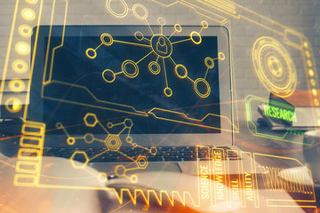 Multi exposure of computer on background and technology theme drawing. Concept of innovation.