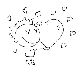 Coloring book for kids - smiling boy holding a heart in his hands. Be my Valentine. Valentines day. 14 February. Black and white cute cartoon hand drawing kids. Vector illustration.