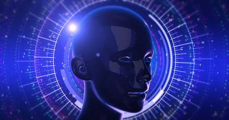 Artificial Intelligence AI Robot Head Illustration Render. Computer Network And Coding. Technology Related Abstract Concept