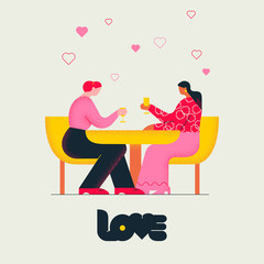 Two women lesbian have a date in restaurant interior, drinking wine, fall in love