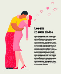 Flat illustration of two hugging lovers: man and woman for web app, articles. For St Valentine day