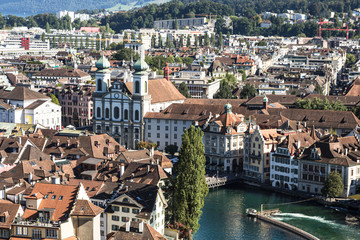 Aerial view of the famous Lucerne medieval old town by the Reuss river in central Switzerland