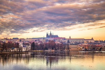 Fototapeta premium Prague Castle above Vltava river early morning with beautiful sky, Czech Republic, Europe.