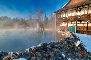 Travertine lake with hot thermal water close to the spa Vysne Ruzbachy, Slovakia, Europe.