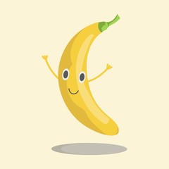 Fruit banana waving hands, smiling. Vector illustration in eps10, graphic design. Color icon