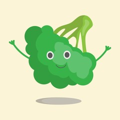 Fruit broccoli waving hands, smiling. Vector illustration in eps10, graphic design. Color icon