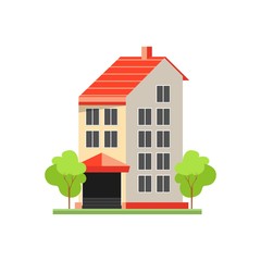 Icon residential bright home  with chimney and canopy. Construction, cottage. Architecture concept. Vector illustration can be used in real estate, facade, residence, neighborhood.