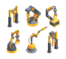 Heavy industry robots colorful isometric vector illustrations set