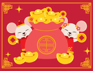 The character of cute mouse with big chinese money bag. The cute mouse holding a coin with big chinese bag on the red background. The character of cute mouse in flat vectoe style.