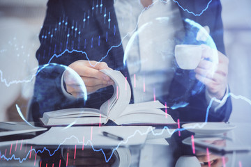 Double exposure of businessman with coffee with stock market forex chart.