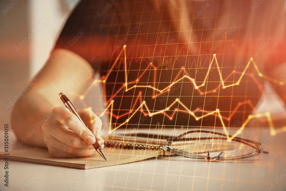 Poster Multi exposure of woman's hands making notes with forex graph hologram. Concept of technical analysis.