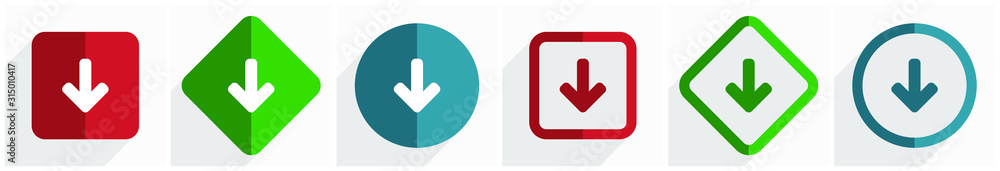 Poster download arrow icon set, flat design vector illustration in 6 options for webdesign and mobile appli