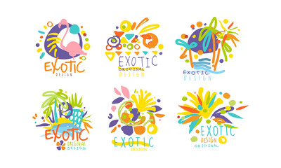 Fototapeta na wymiar Exotic Original Design Labels Collection, Colorful Tropical Hand Drawn Badges with Birds and Plants Vector Illustration