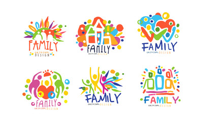 Fototapeta na wymiar Family Original Design Labels Collection, Colorful Hand Drawn Graphic Templates Vector Illustration