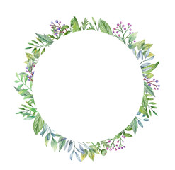 Watercolor botanical wreath with leaves and berries. Hand drawn illustration, isolated on white background