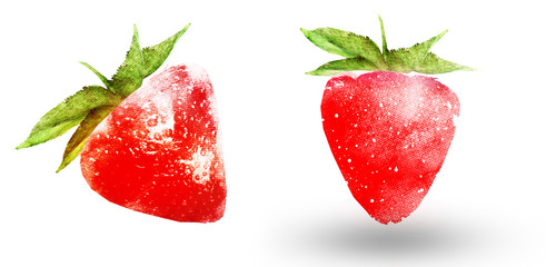 Two watercolor strawberries on white