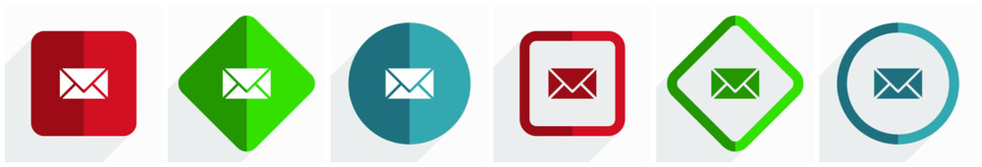 Email icon set, flat design vector illustration in 6 options for webdesign and mobile applications in eps 10