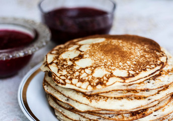 Homemade dessert, lots of pancakes in a plate