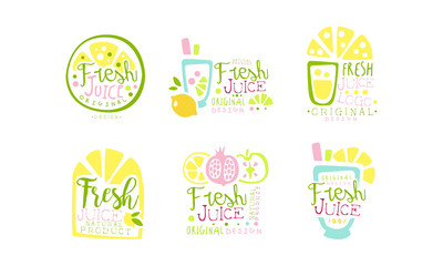 Fresh Juice Original Design Labels Collection, Natural Product Colorful Hand Drawn Badges Vector Illustration