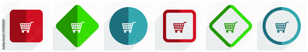 Leinwandbilder shopping cart icon set, flat design vector illustration in 6 options for webdesign and mobile applic