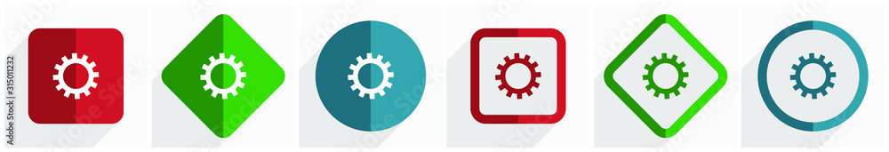 Poster Gear icon set, flat design vector illustration in 6 options for webdesign and mobile applications in eps 10